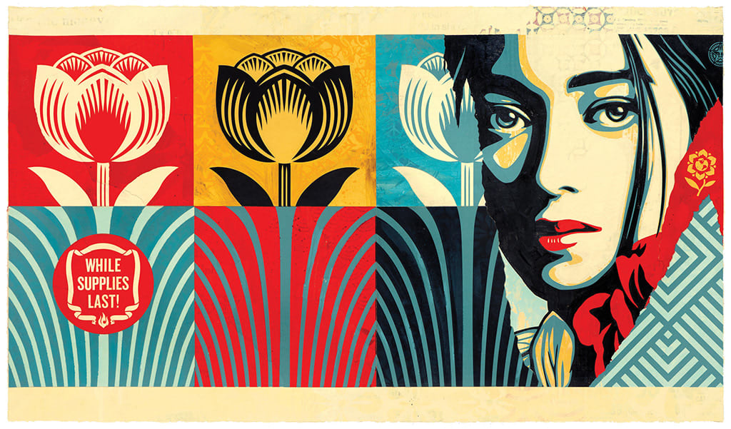 portrait fo a woman on the right with multi color flowers making up the background in red, blue and yellow