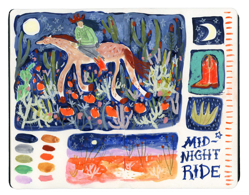 mixed media illustration in an open face Moleskine notebook depicting a woman on a horse riding through the desert at midnight with details of a moon, red cowboy boot, and a plant and the text
