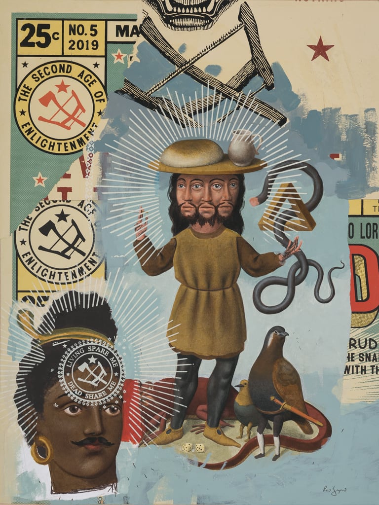 Painting by Ravi Zupa featuring a three faced man holding a snake