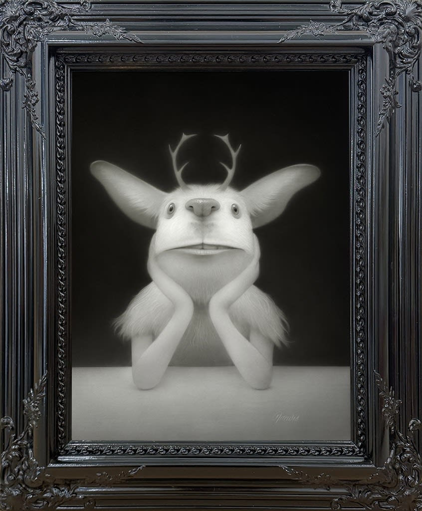 Painting of creature with big ears and antlers leaning its head on a table