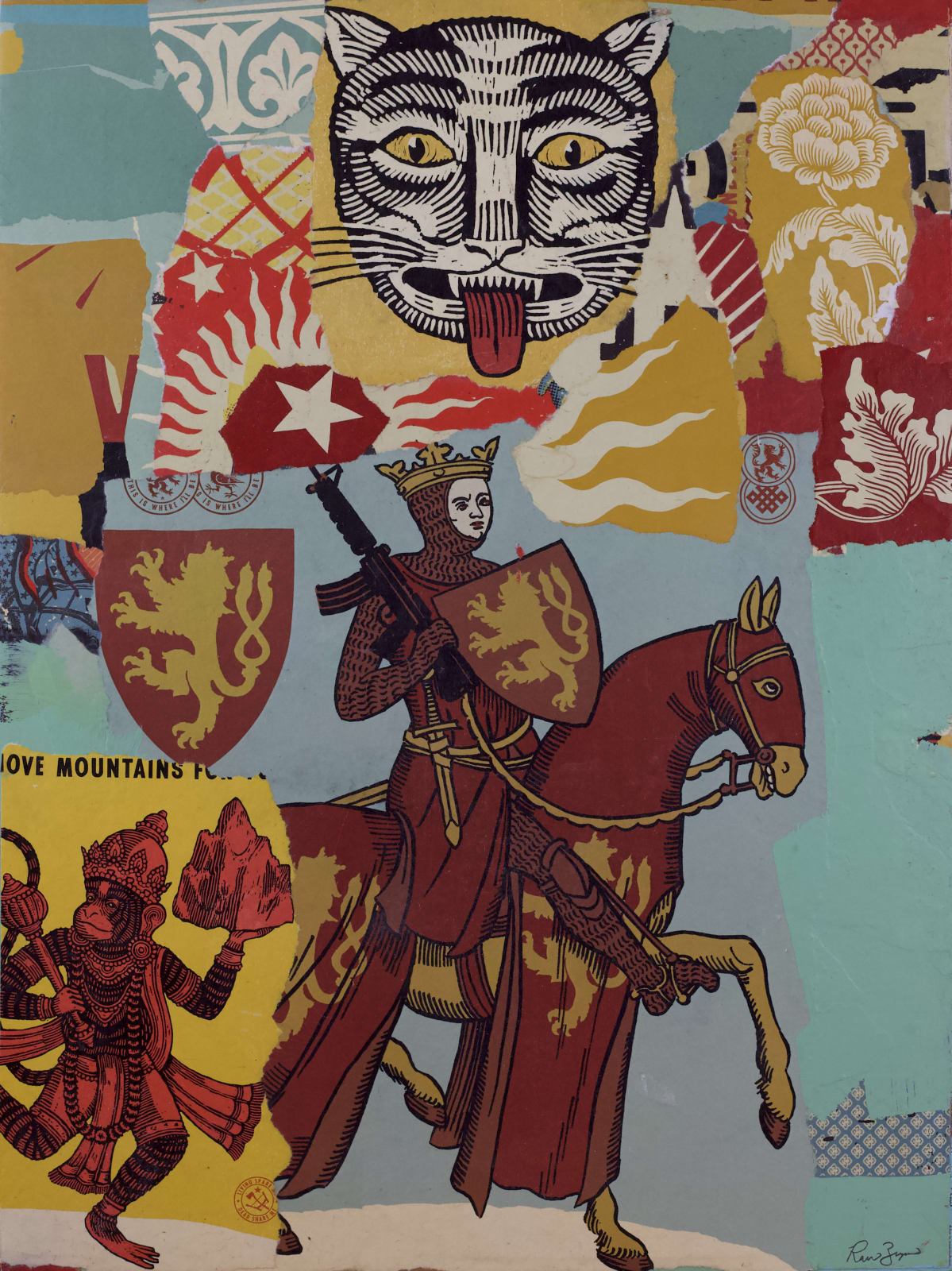 collage of torn up screen prints of religious and historical symbols