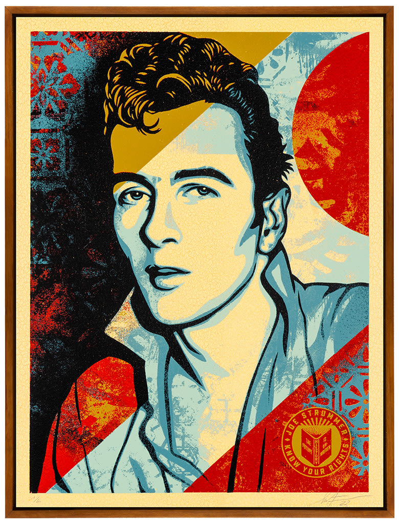 image of Joe Strummer overlaid with blue, red, and yellow panels with patterns in the background