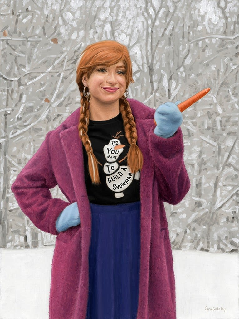 Painting of princess Anna standing in a snowy forest holding a carrot