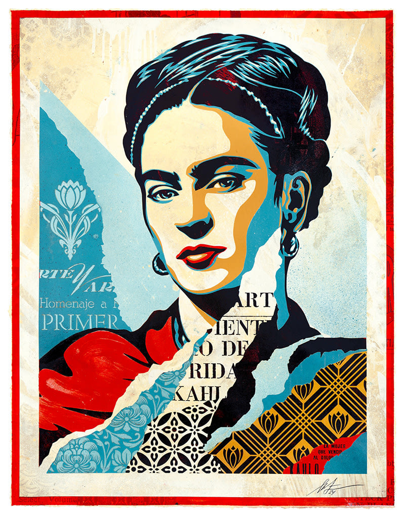 image of Frida Kahlo collaged with patterns in blue, yellow, and a blue background