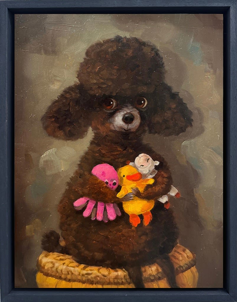 A painting of a brown dog sitting on a yellow stool holding a toy octopus, duck, and cow.