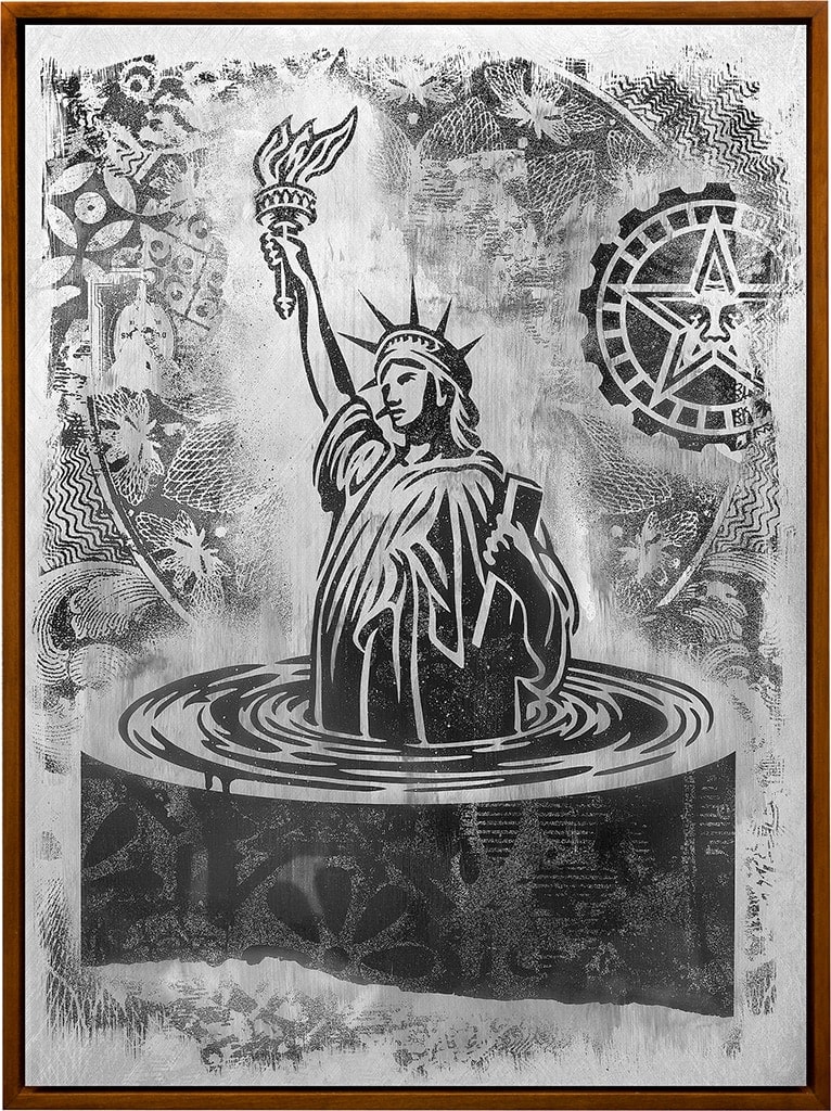 grey scale image of the statue of liberty going into a whirl pool with a textured and patterned background