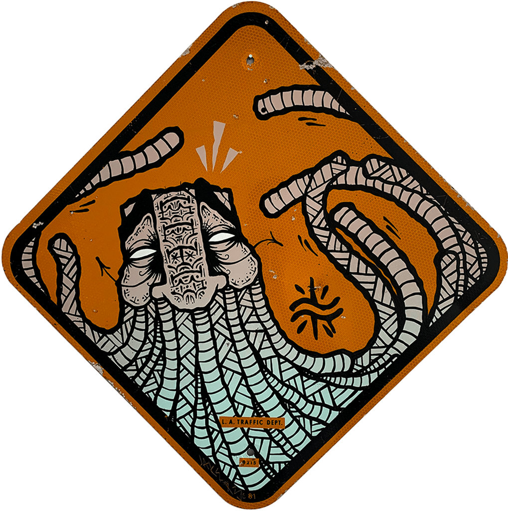 Orange road sign with detailed illustration of a masculine face, long beard, and intricate symbols/patterns in around the face.