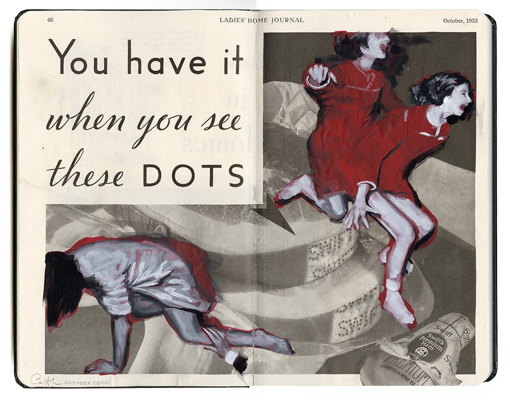 collage in an open face Moleskine notebook depicting two women in red clothing and one hunched over in gray with the text that reads: