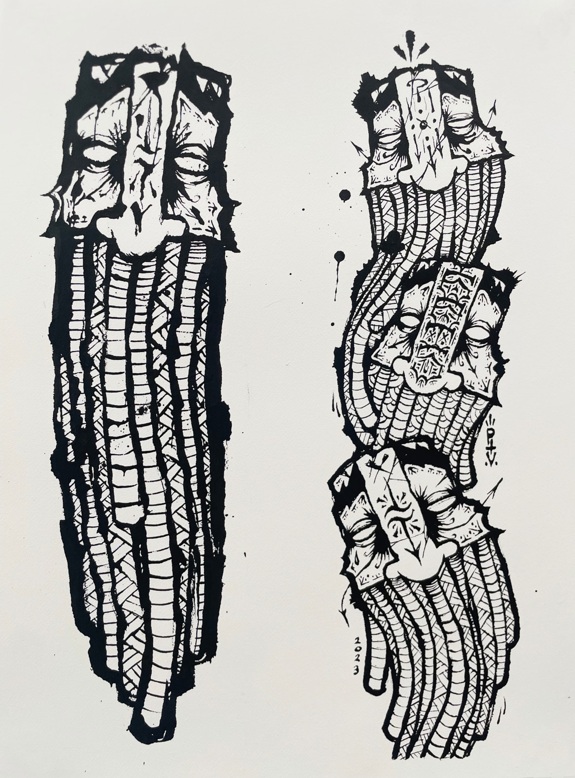 Several GATS characters painted in black ink on a white paper