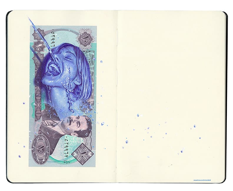 drawing of a woman being sprayed with water on an Iraqi bank note in a Moleskine notebook