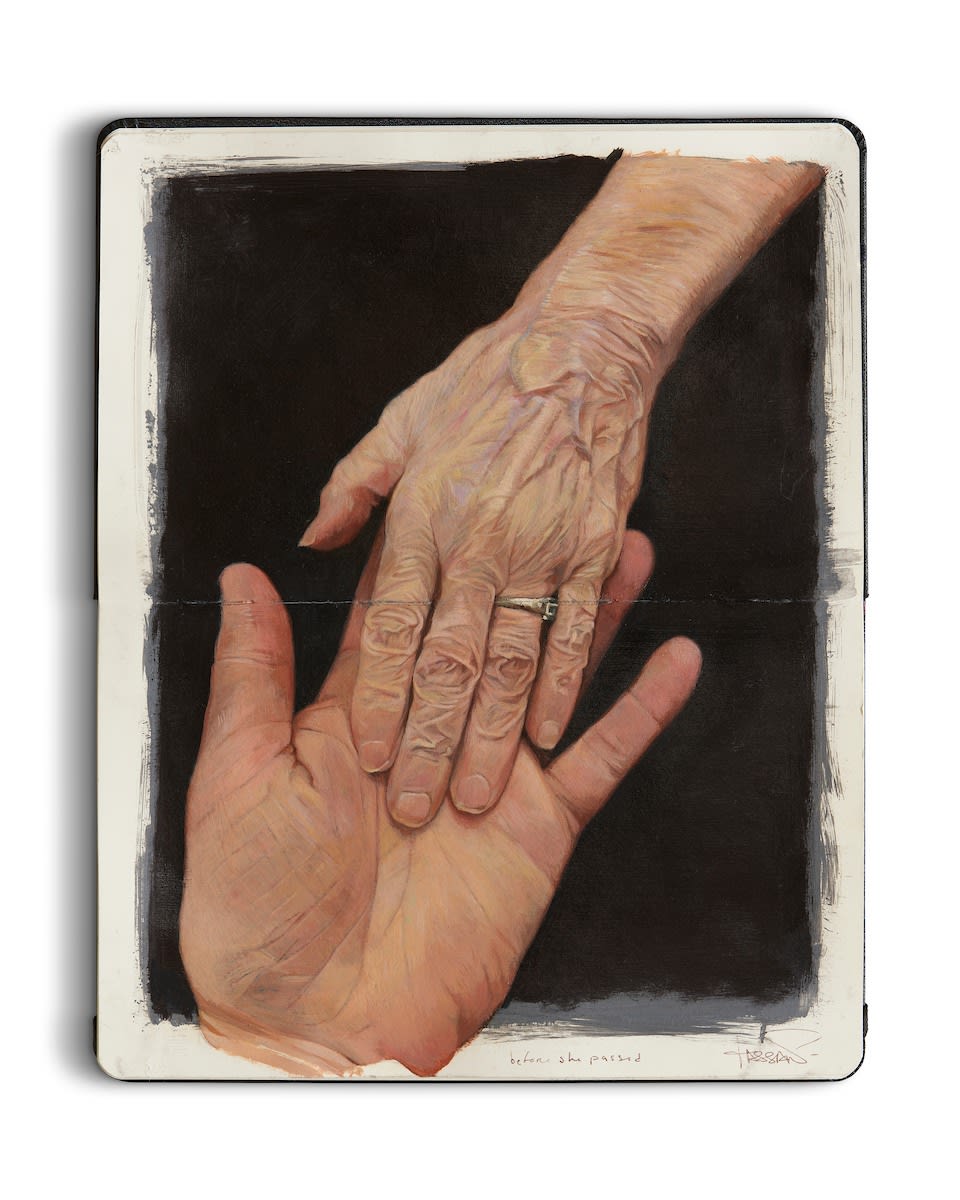 Painting of an elder persons hand with a gold band ring on the ring finger gently touching a larger hand palm side up on a black background