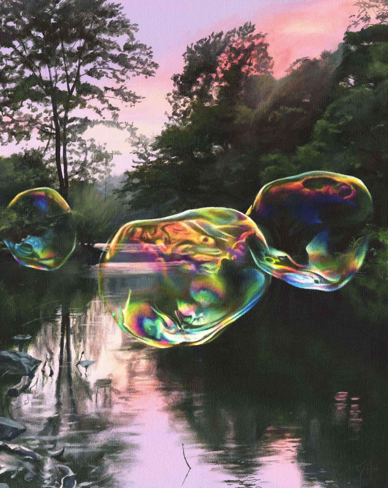 painting of iridescent bubbles floating over a river