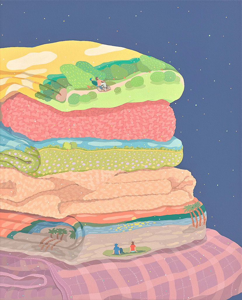 Danym Kwon - Painting of stacked clothes. Some clothes are patterned with sceneries of nature and family memories. The background is solid midnight blue.