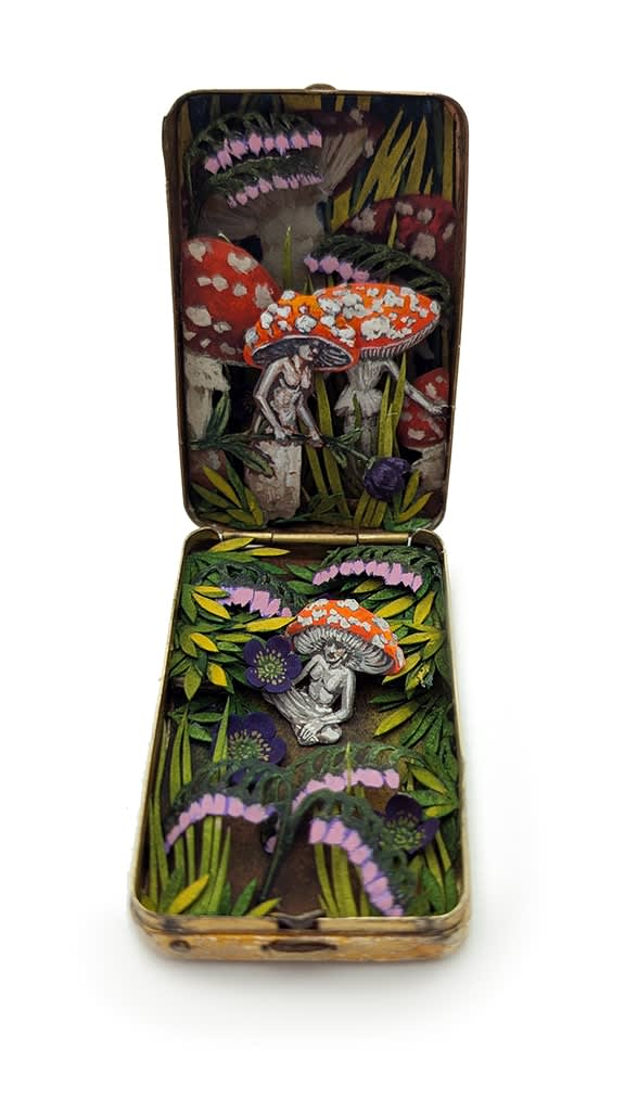 hand-cut watercolor collage in antique cosmetic compact by Shannon Taylor