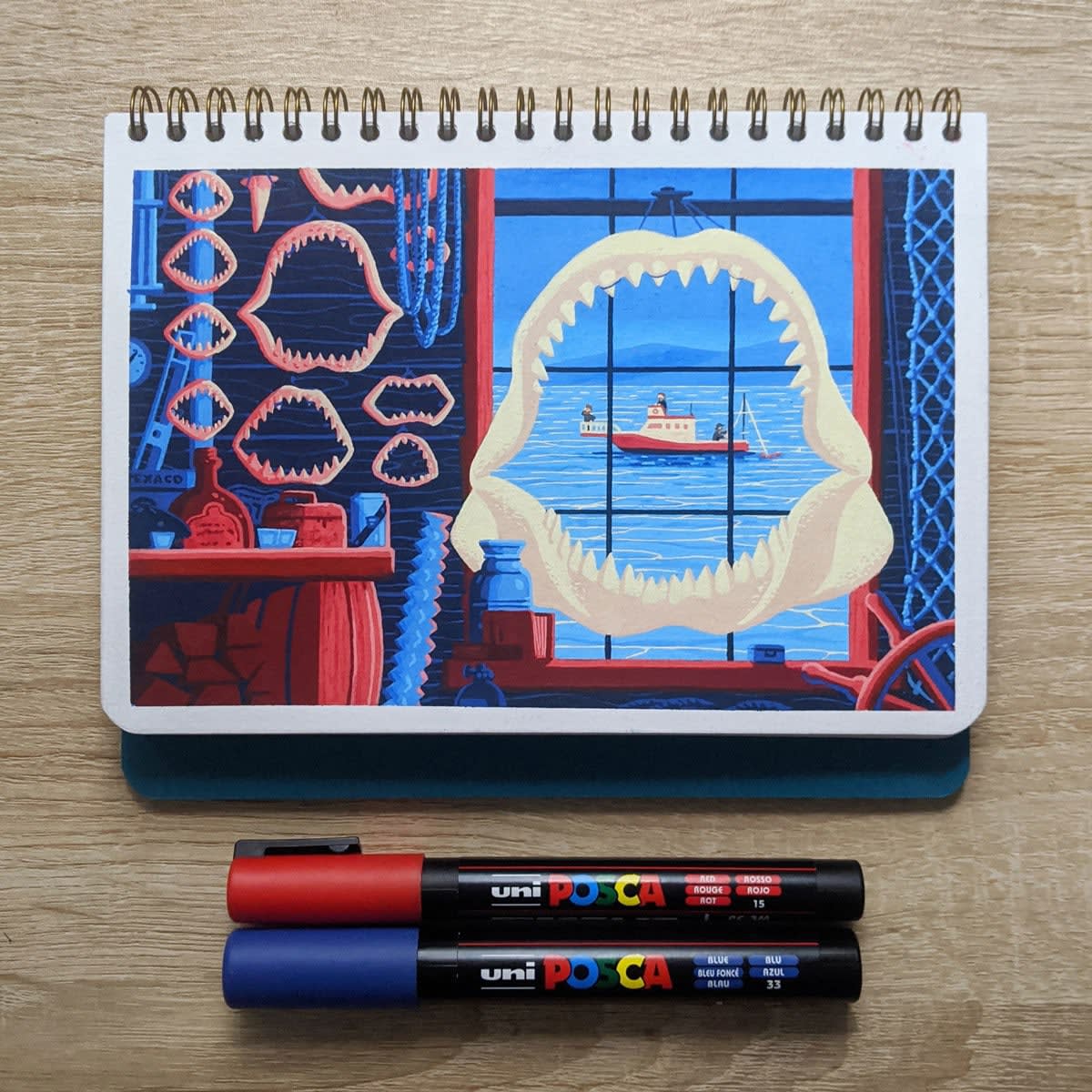 drawing of a shack that has multiple fossils of a shark mouth hanging on its walls