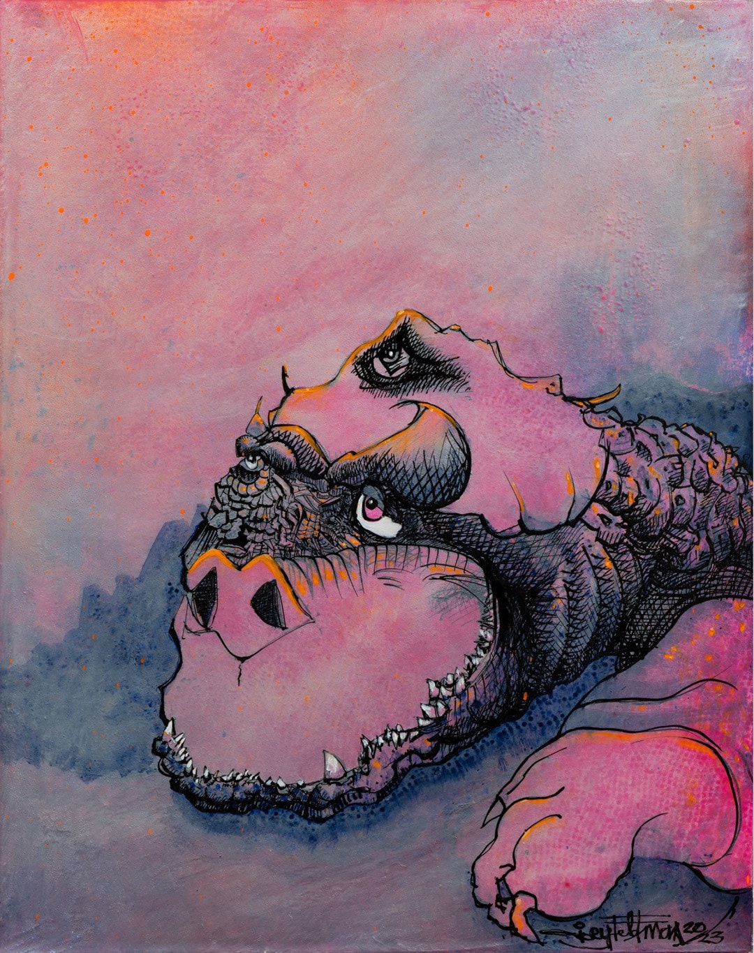 drawing of a pink dragon like creature laying on the ground