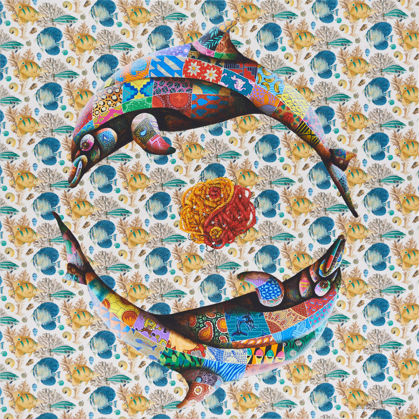 painting of dolphins and a ghost net by Louis