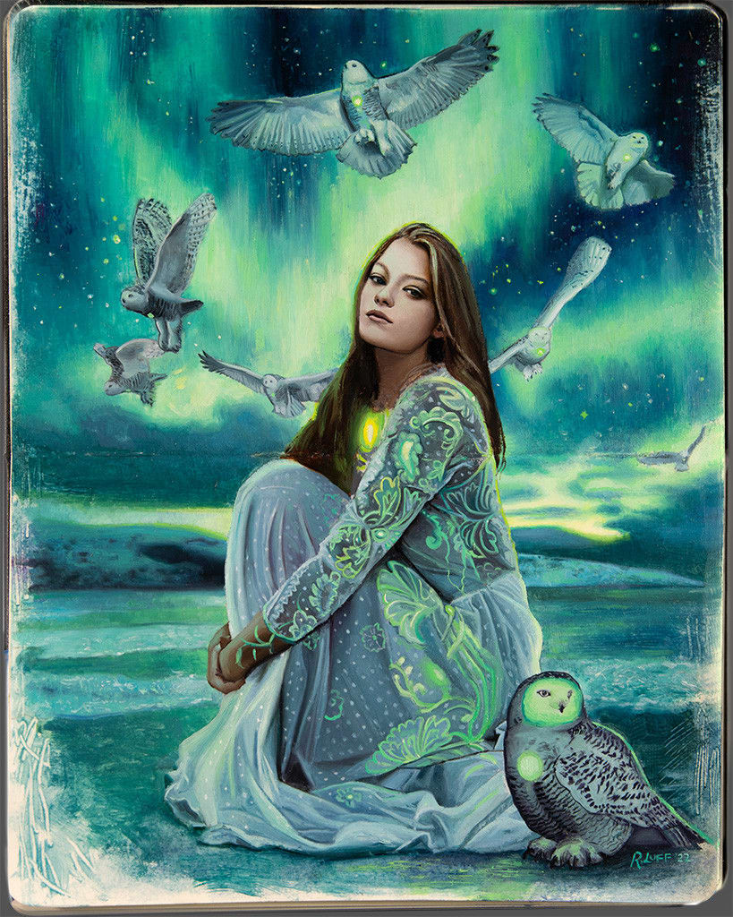 Painting of a woman kneeling down in a gown with glowing neon detailing and several owls flying above here head and one sitting next to her on the ground.