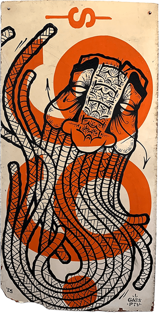 A hand-painted sign of GATS's signature masculine face with a long beard and intricate symbols/patterns.