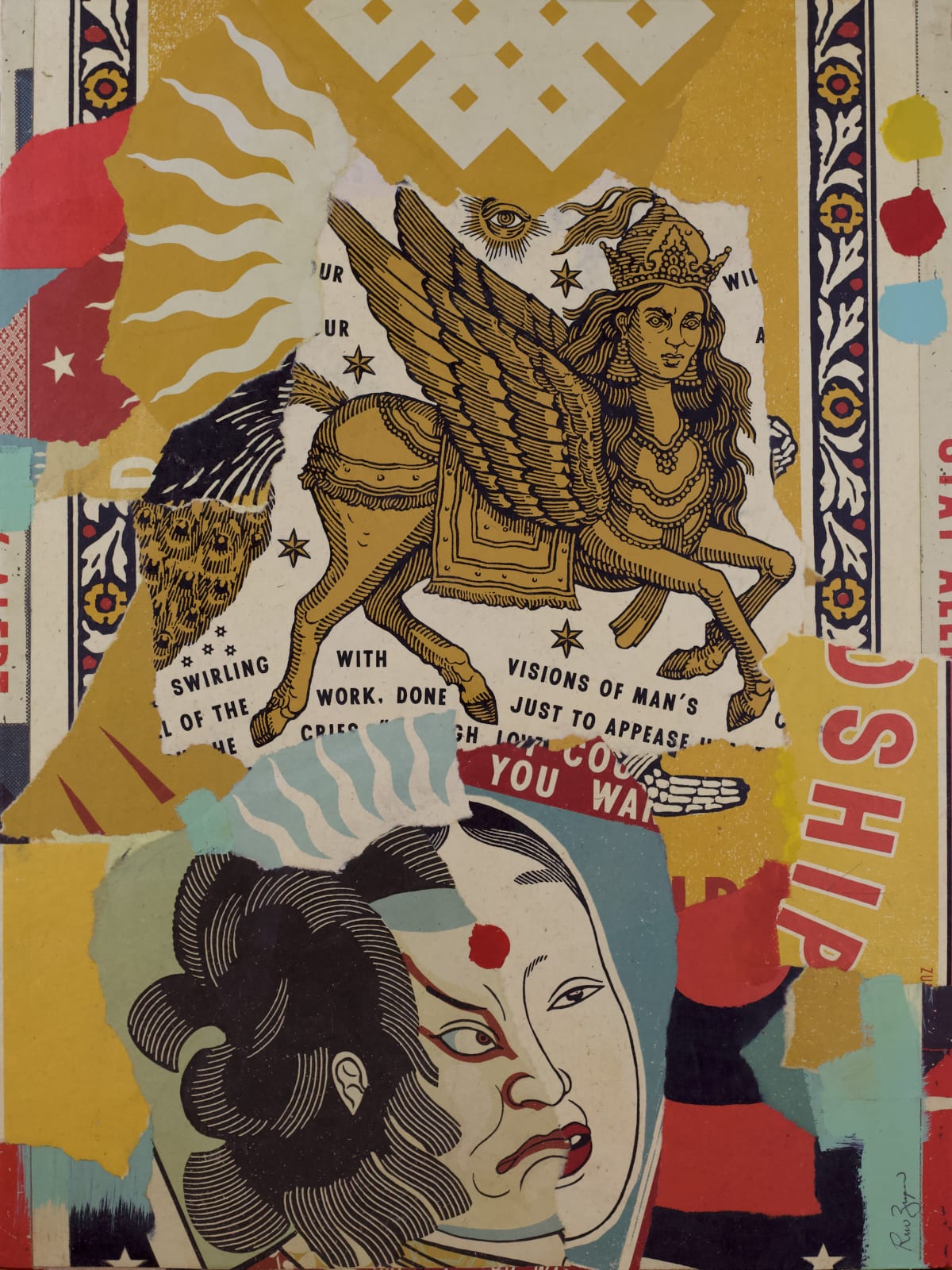 collage of torn up screen prints of religious and historical symbols