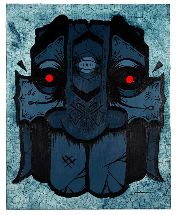 image of a dark blue totemic mask with red eyes on a lighter blue textured background