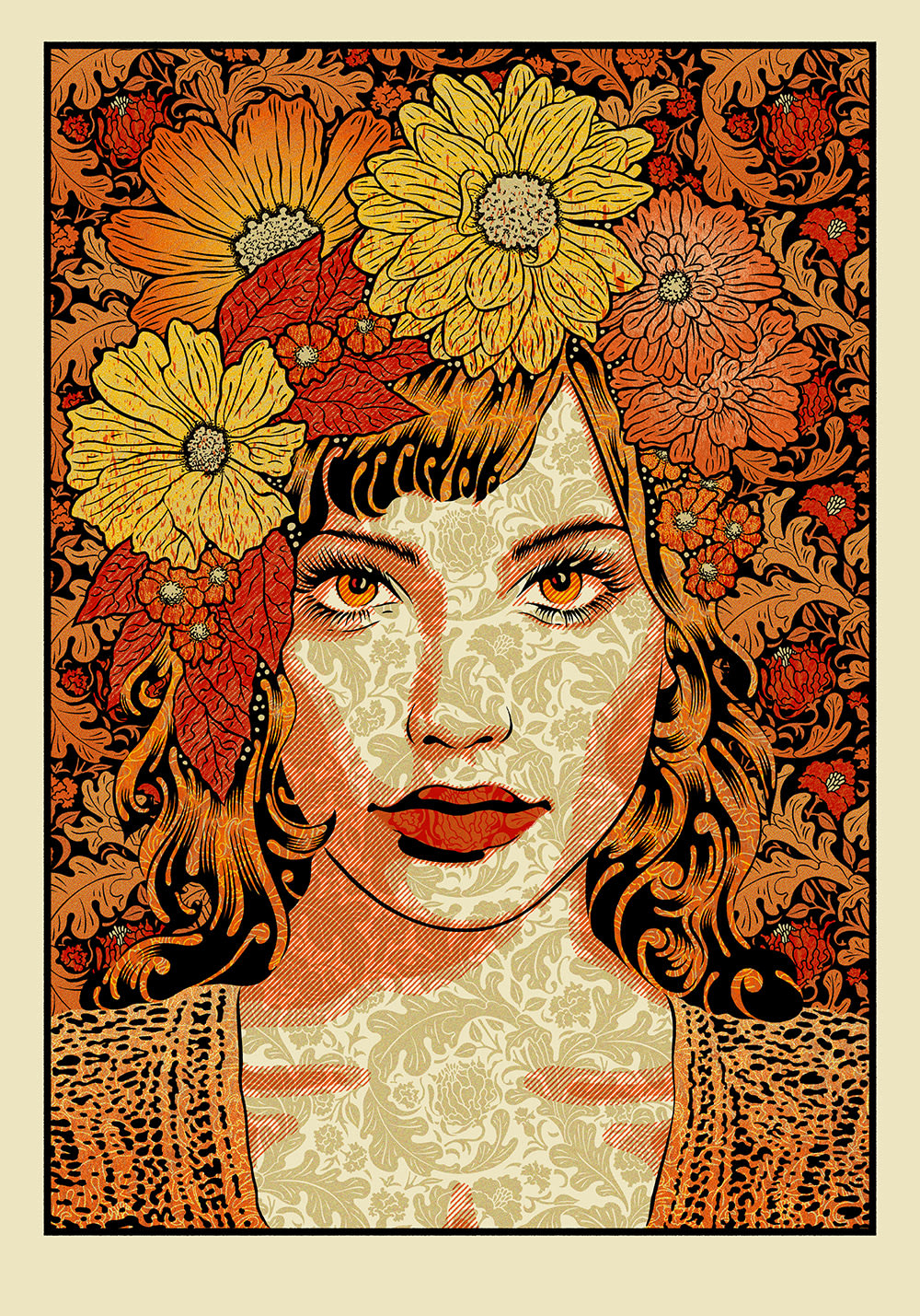 Red, Orange, and yellow portrait of a woman with flowers on her head