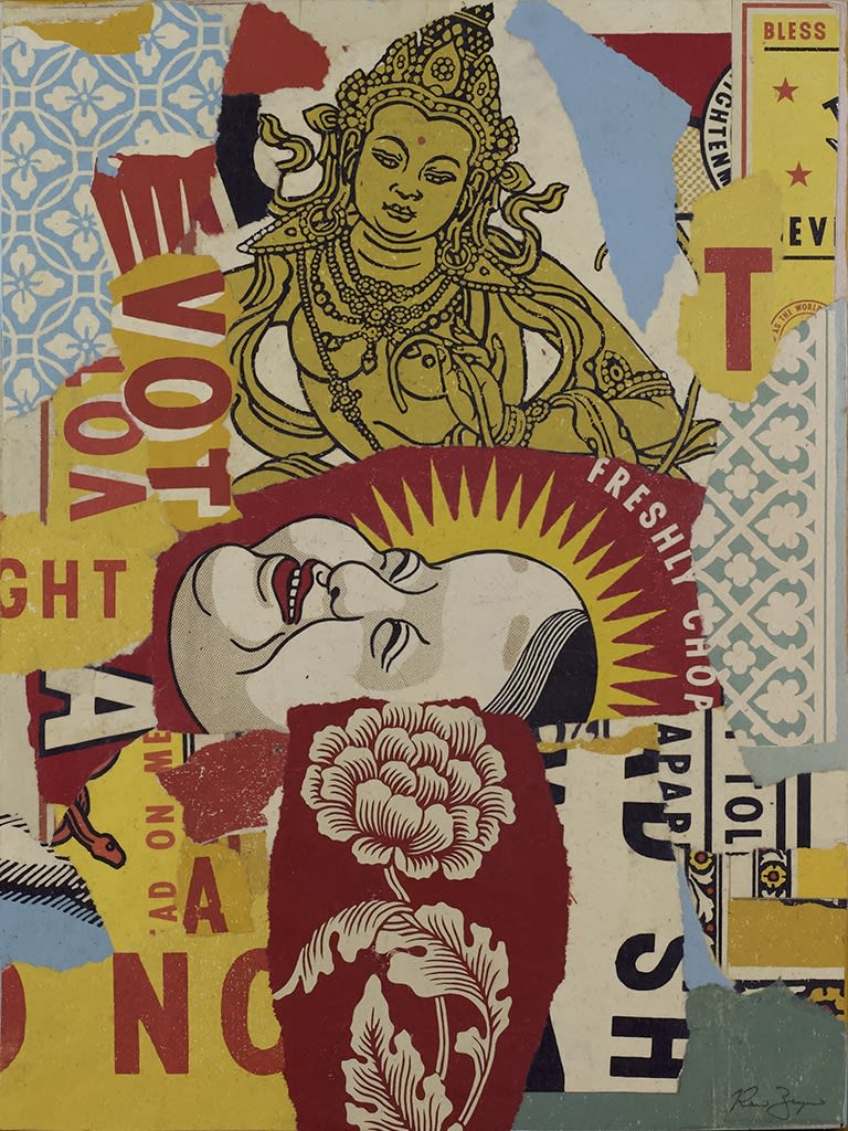 collage of torn up screen prints of religious and historical symbols