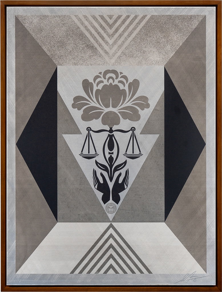 grey scale image of scales with hands below them and a lotus flower above them. The background is geometric with black and grey triangles and patterns