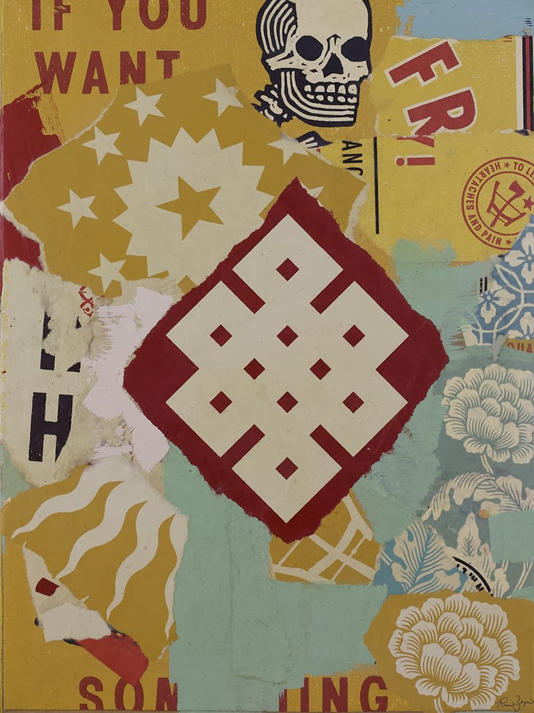 collage of torn up screen prints of religious and historical symbols