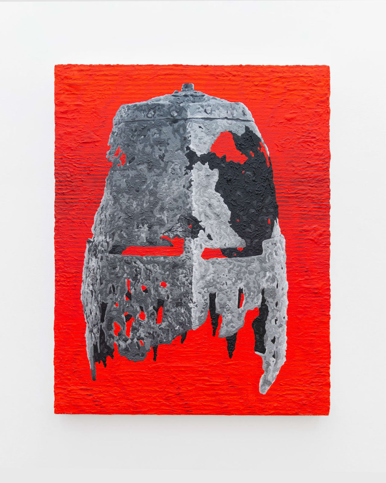 Andrew Schoultz - painting of medieval helmet on deep red background