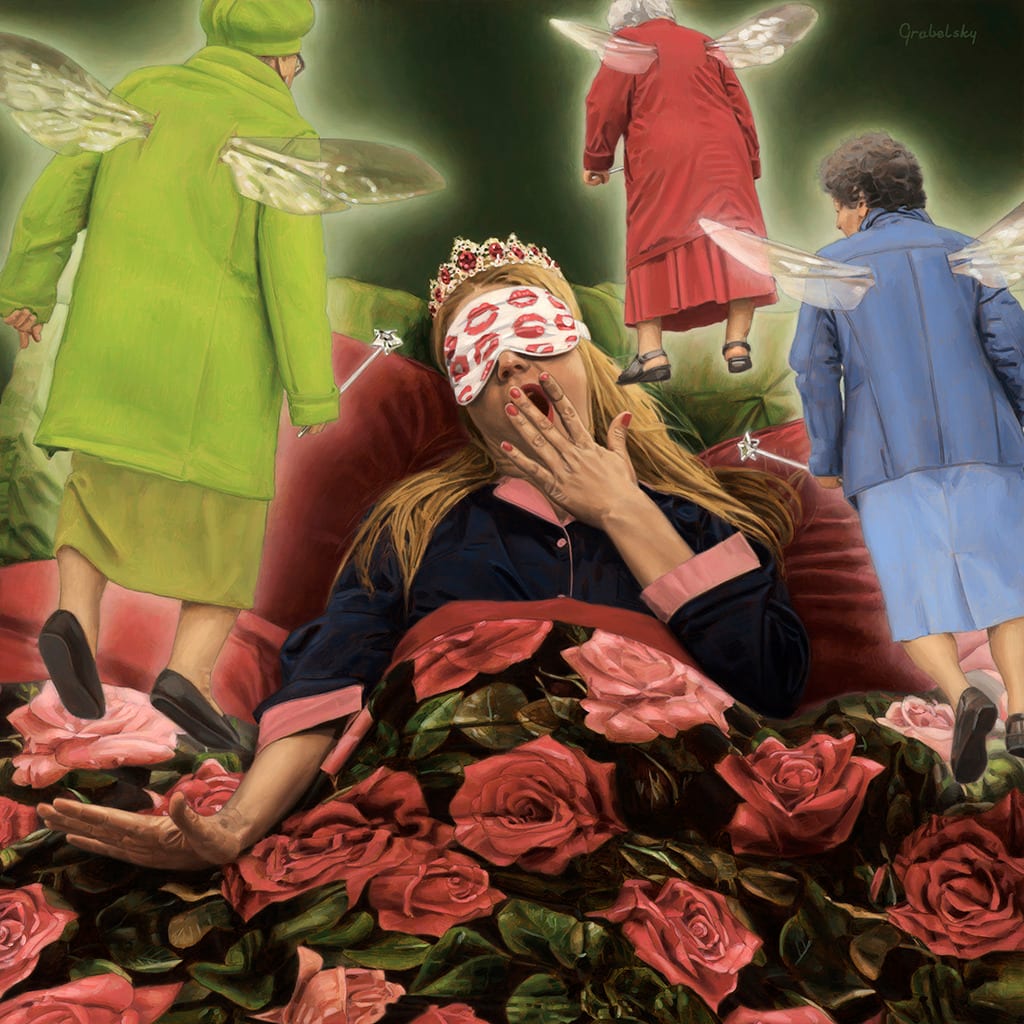 Painting of princess Aurora sleeping in a bed surrounded by three floating fairies