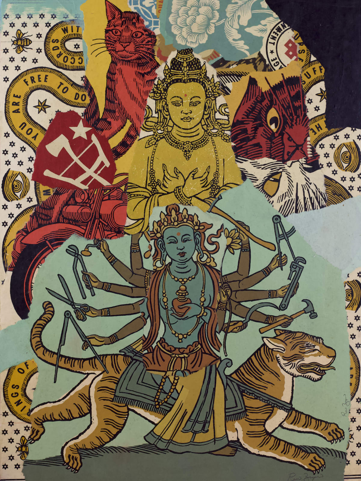 collage of torn up screen prints of religious and historical symbols