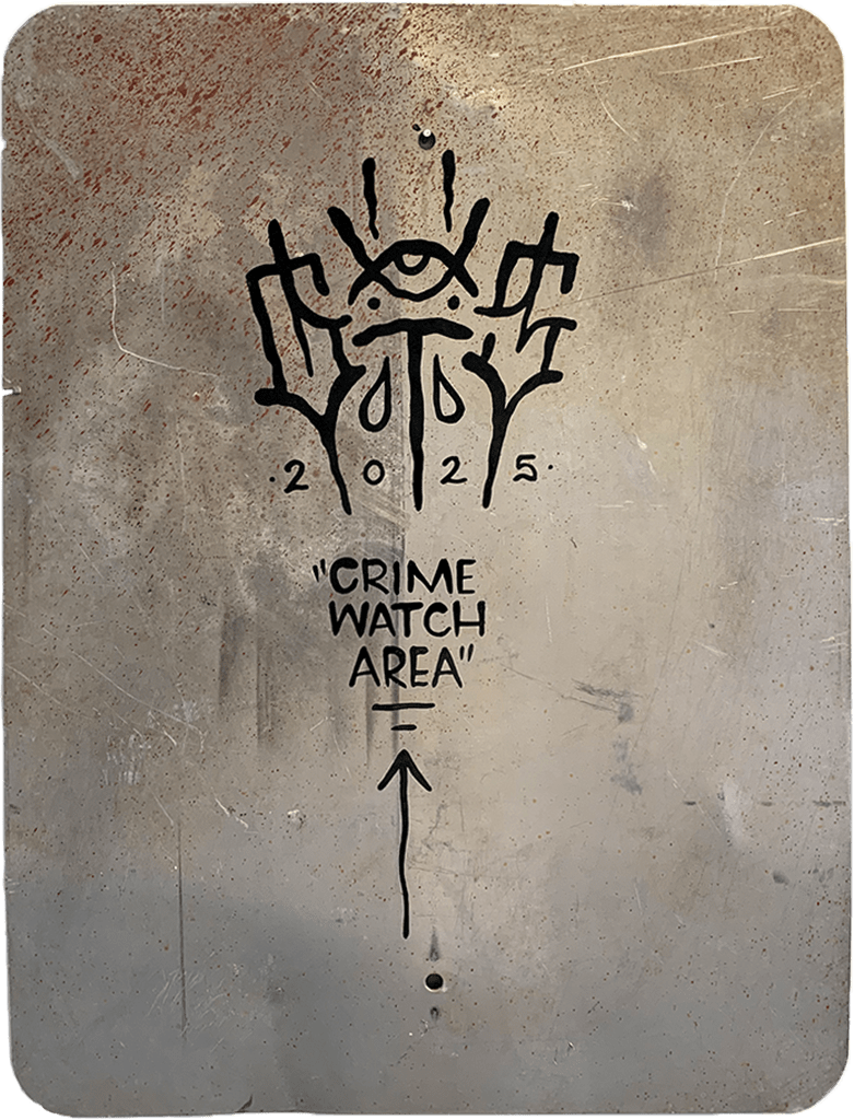 Back of street sign with artist GATS signature and artwork title written.