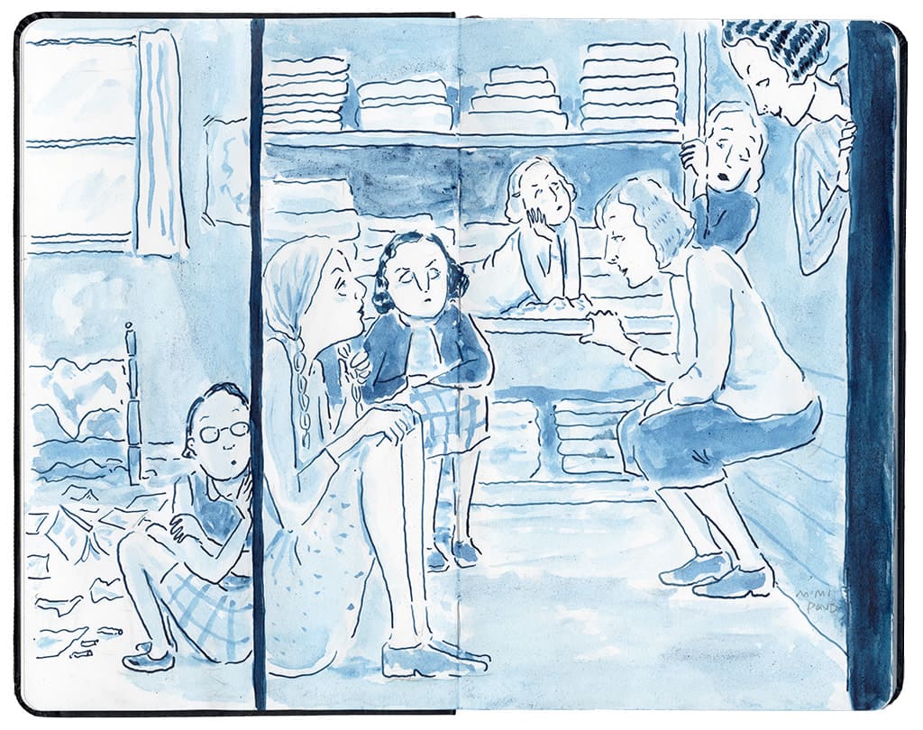 blue toned illustration in an open face Moleskine notebook depicting many woman in an interior setting by artist Mimi Pond
