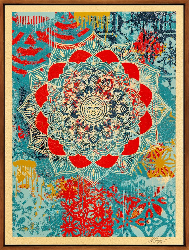 Silkscreen print of blue, red, and yellow floral pattern.