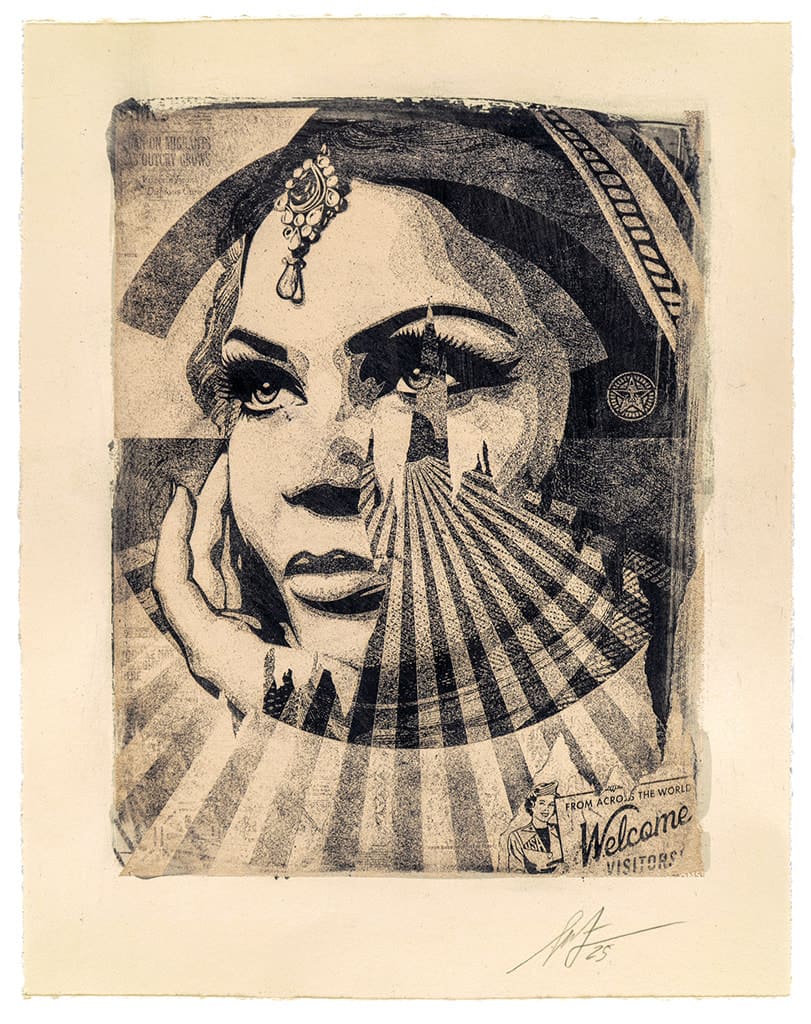 black and white portrait overlaid with striped pattern