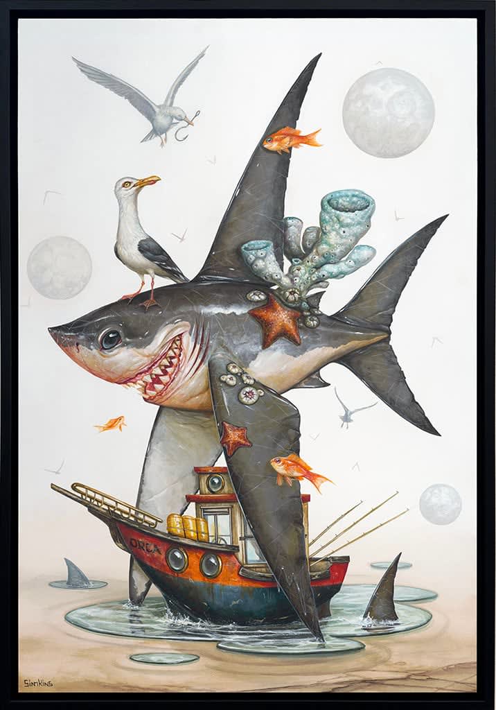 surrealistic painting of a shark and boat