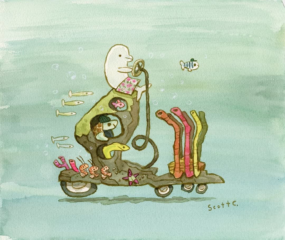 a car made out of coral with a balooga whale driving it