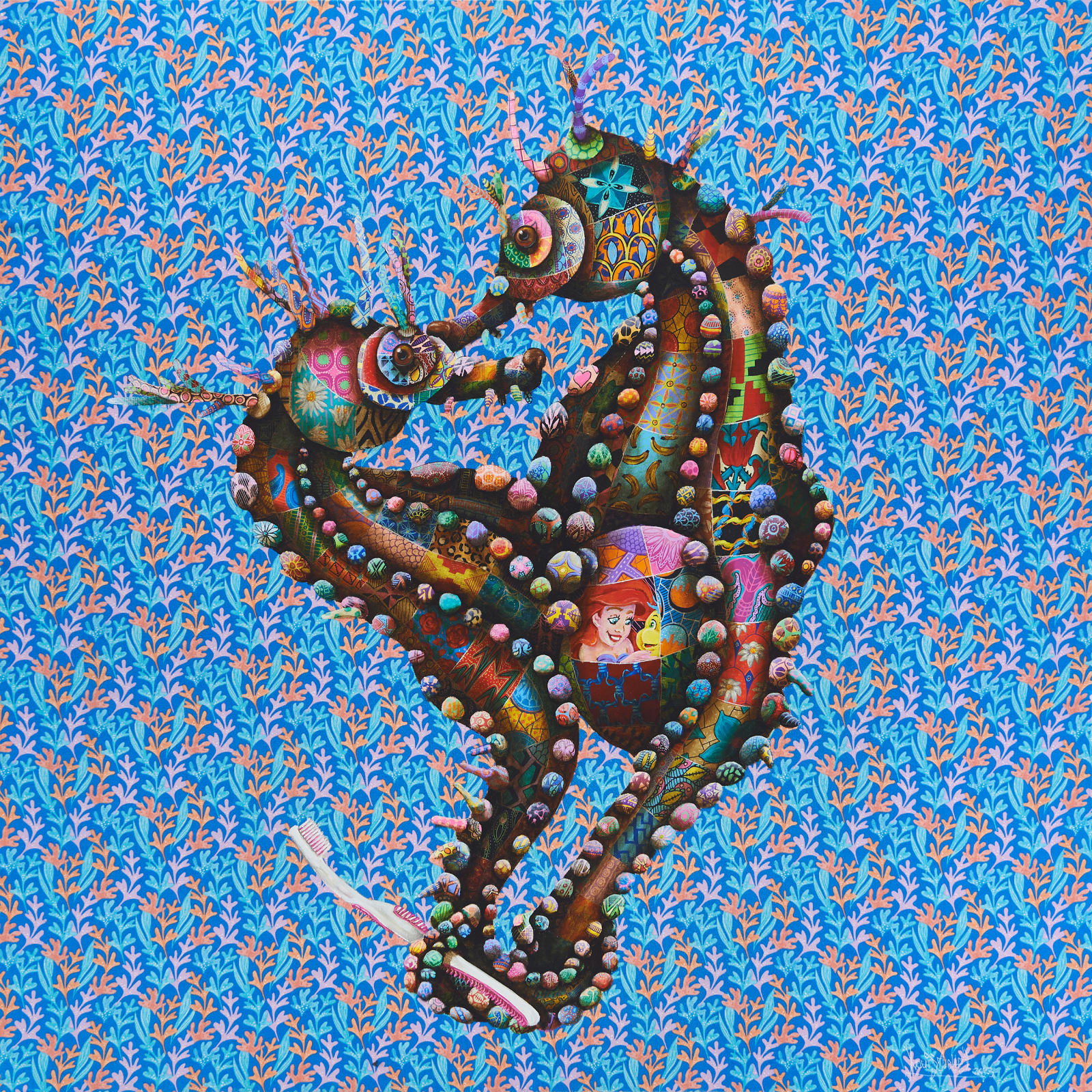painting of seahorses holding a toothbrush by Louis