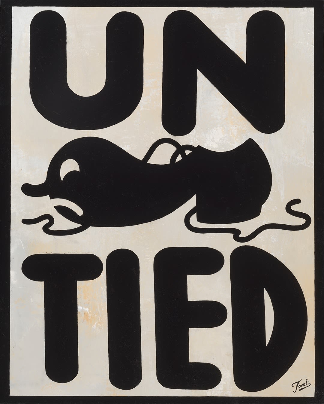 solid black image of a show with untied laces over a grey background with text