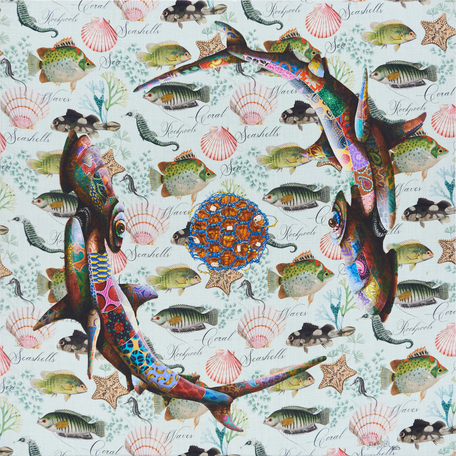 painting of hammerhead sharks and a ghostnet by Louis