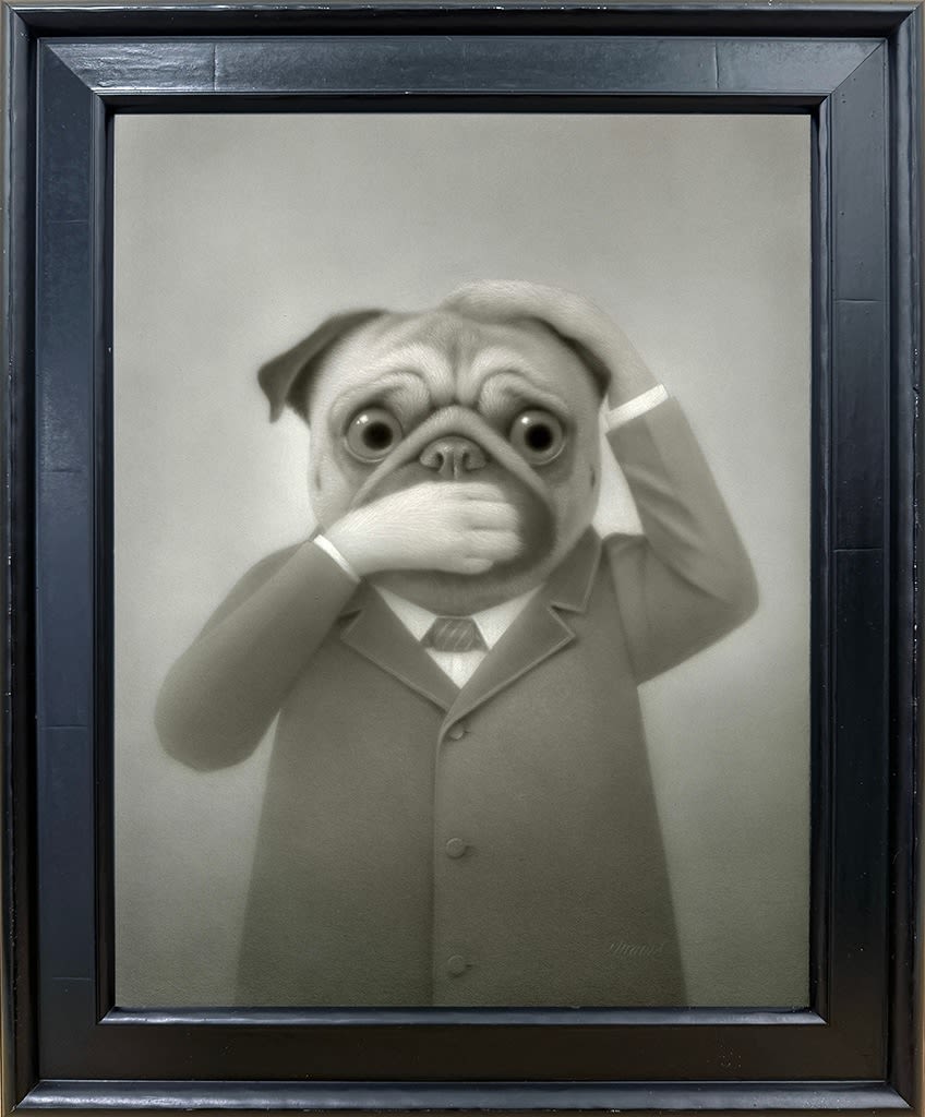 Painting of pug wearing a suit covering its mouth and top of head