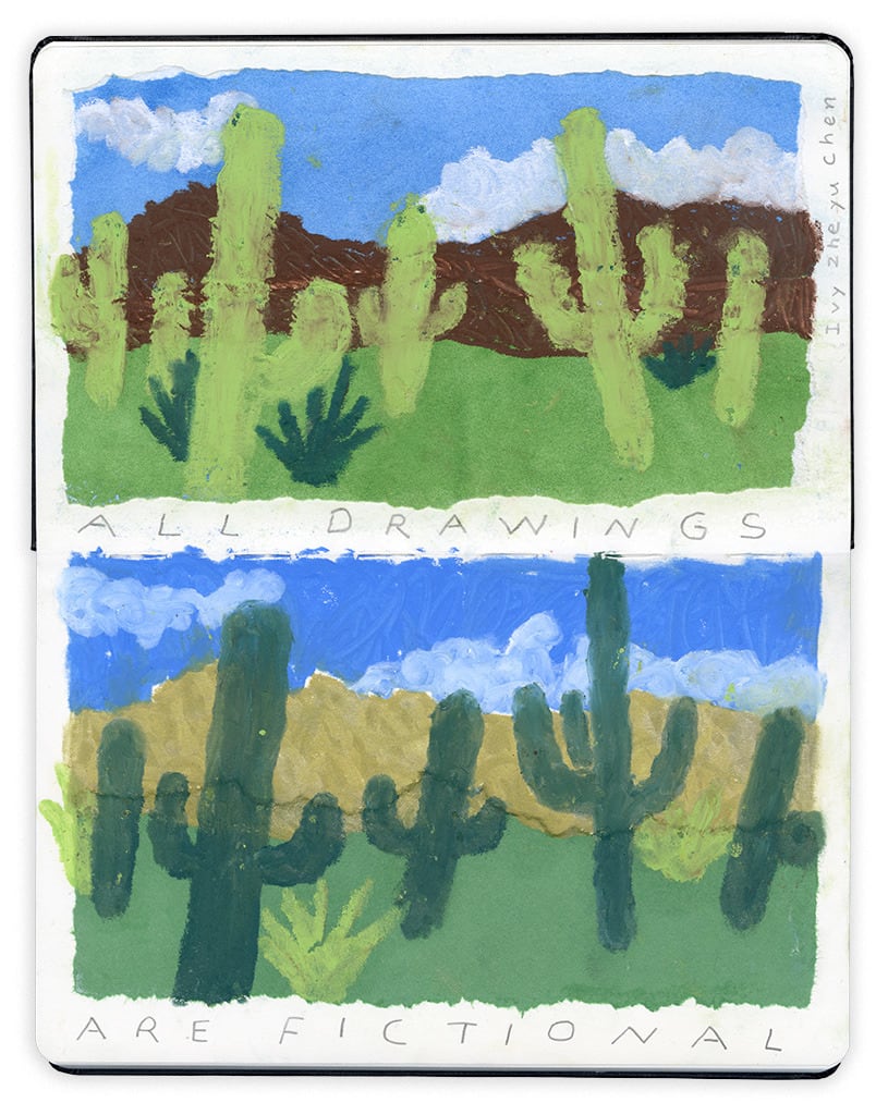 Mixed media work depicting two landscapes with various Cacti with writing that states: