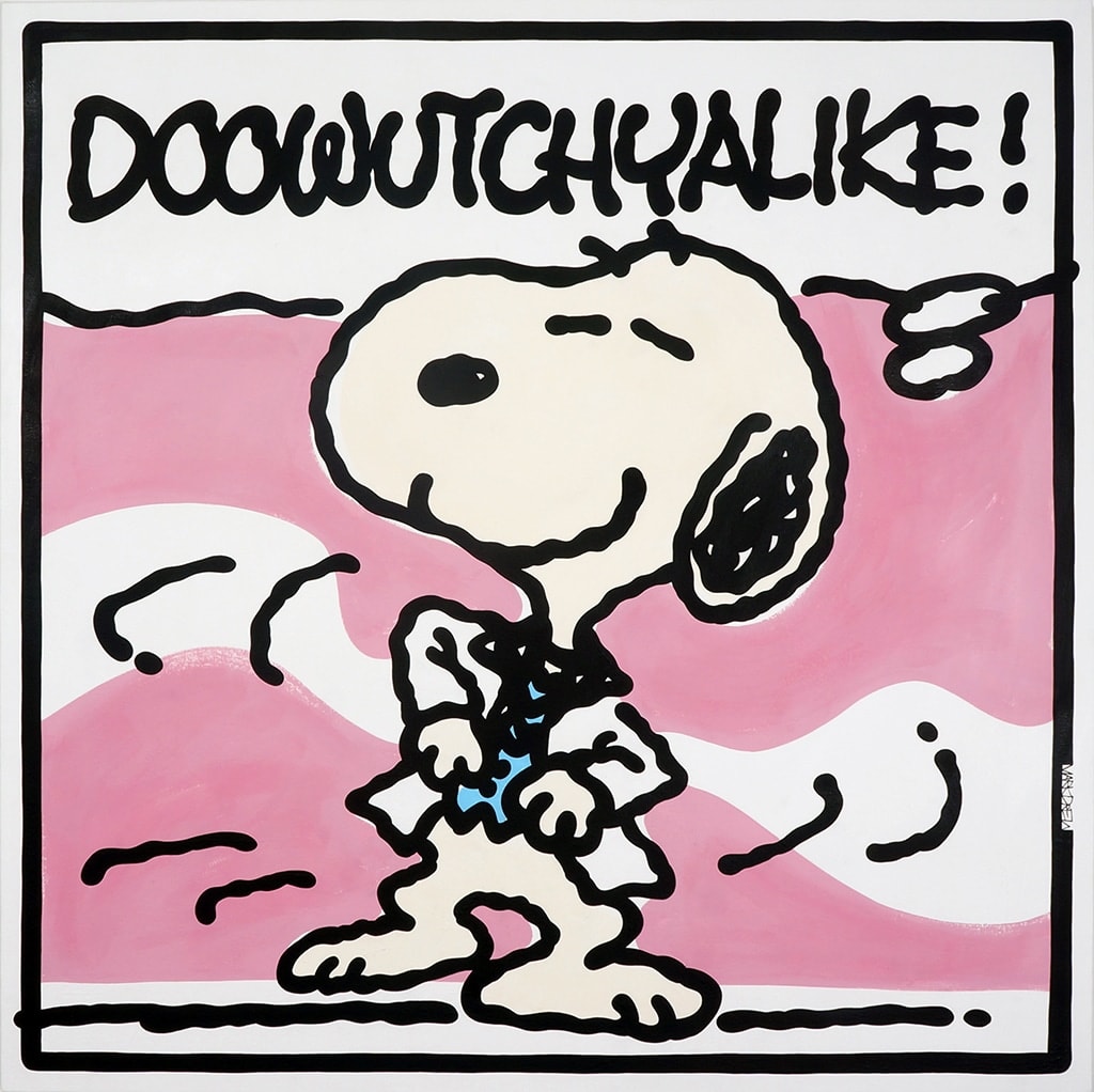 image of snoopy the peanuts character over a pink background with rap lyrics in a speech bubble