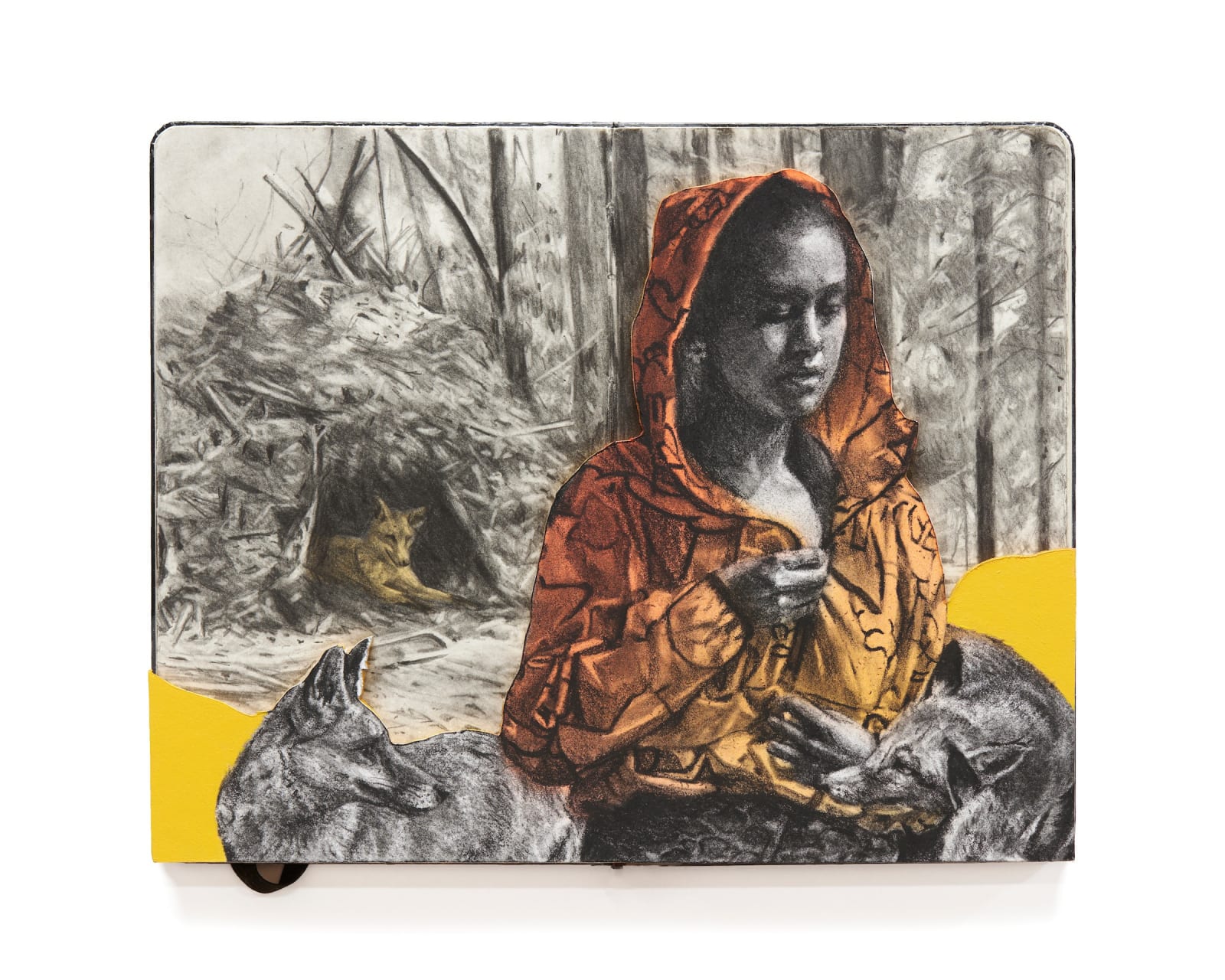 Drawing of a woman wearing a red to yellow gradient hoodie surrounded by a pack of coyotes and one coyote in a den in the background.