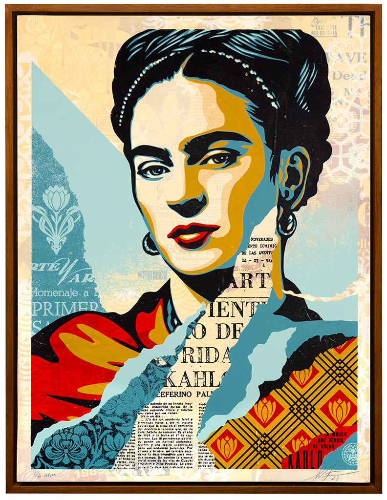 portrait of Frida Kahlo collaged with blue, red, and yellow images, text, and patterns