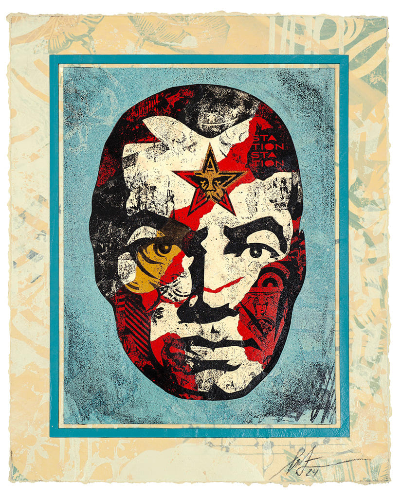 black and white image of a mans face with red patterns on it on a blue background with a pale yellow patterned frame