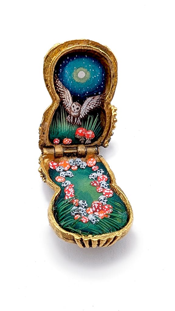 hand-cut watercolor collage in antique cosmetic compact by Shannon Taylor