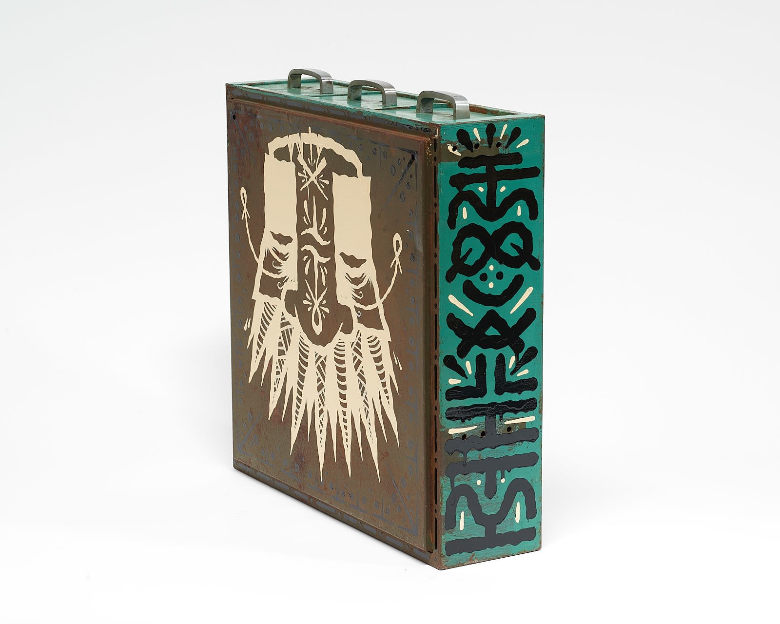 vintage filing cabinet adorned with designs of a geometric figured