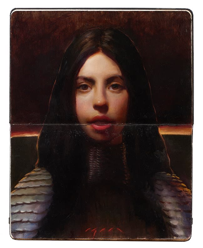 Painting of a woman with long dark hair wearing silver armor with a beam of light on the horizon and a dark background